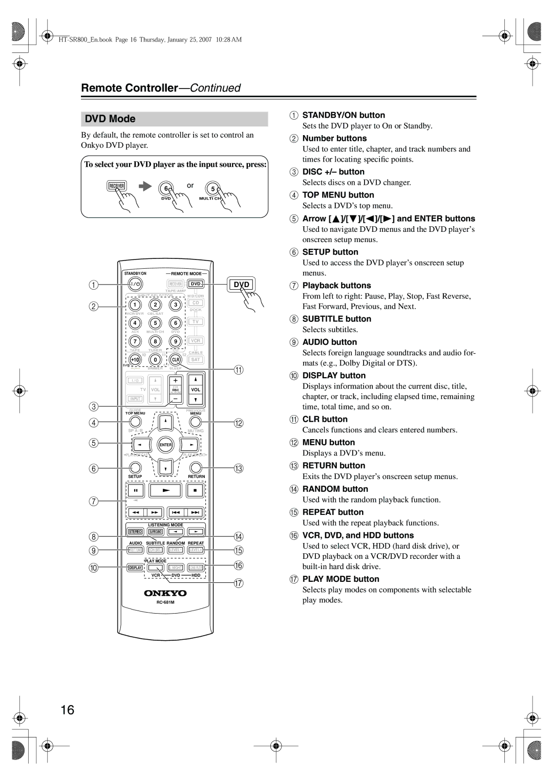 Onkyo HT-SR800 instruction manual DVD Mode 