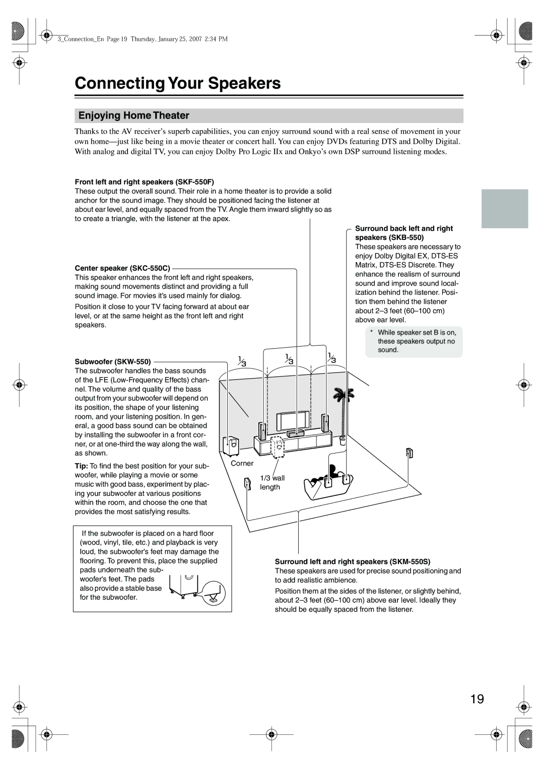 Onkyo HT-SR800 instruction manual Connecting Your Speakers, Enjoying Home Theater, Front left and right speakers SKF-550F 