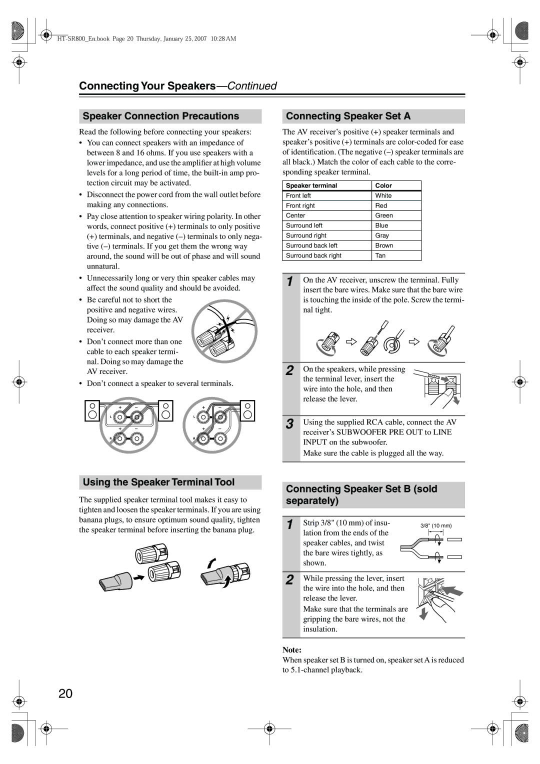 Onkyo HT-SR800 instruction manual Connecting Your Speakers, Speaker Connection Precautions, Connecting Speaker Set a 