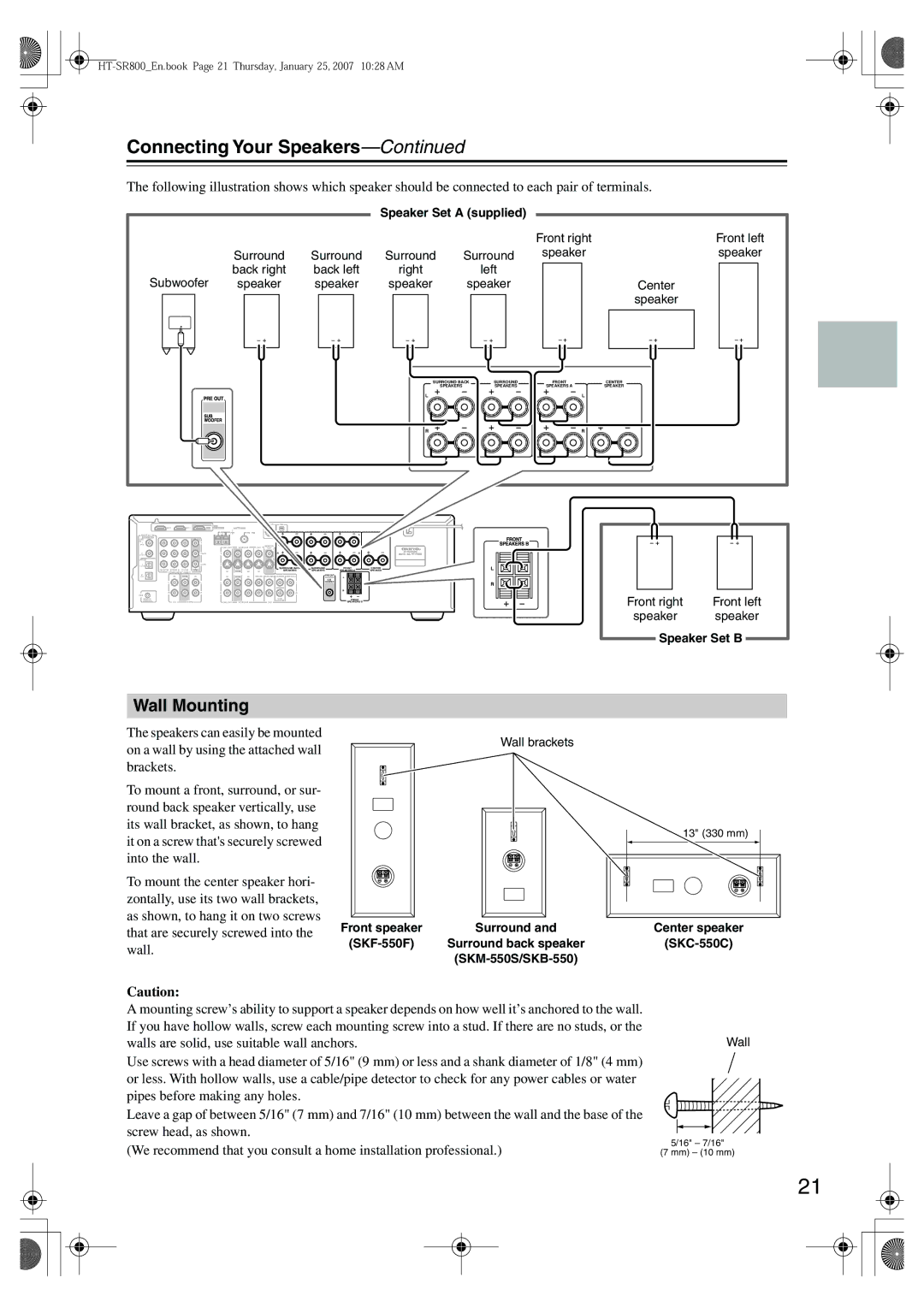 Onkyo HT-SR800 instruction manual Wall Mounting, SKF-550F 