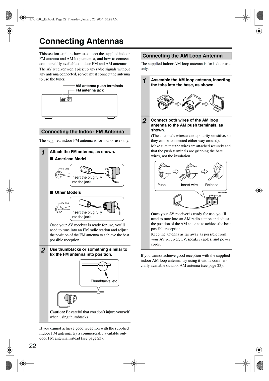 Onkyo HT-SR800 Connecting Antennas, Connecting the AM Loop Antenna, Connecting the Indoor FM Antenna, Other Models 