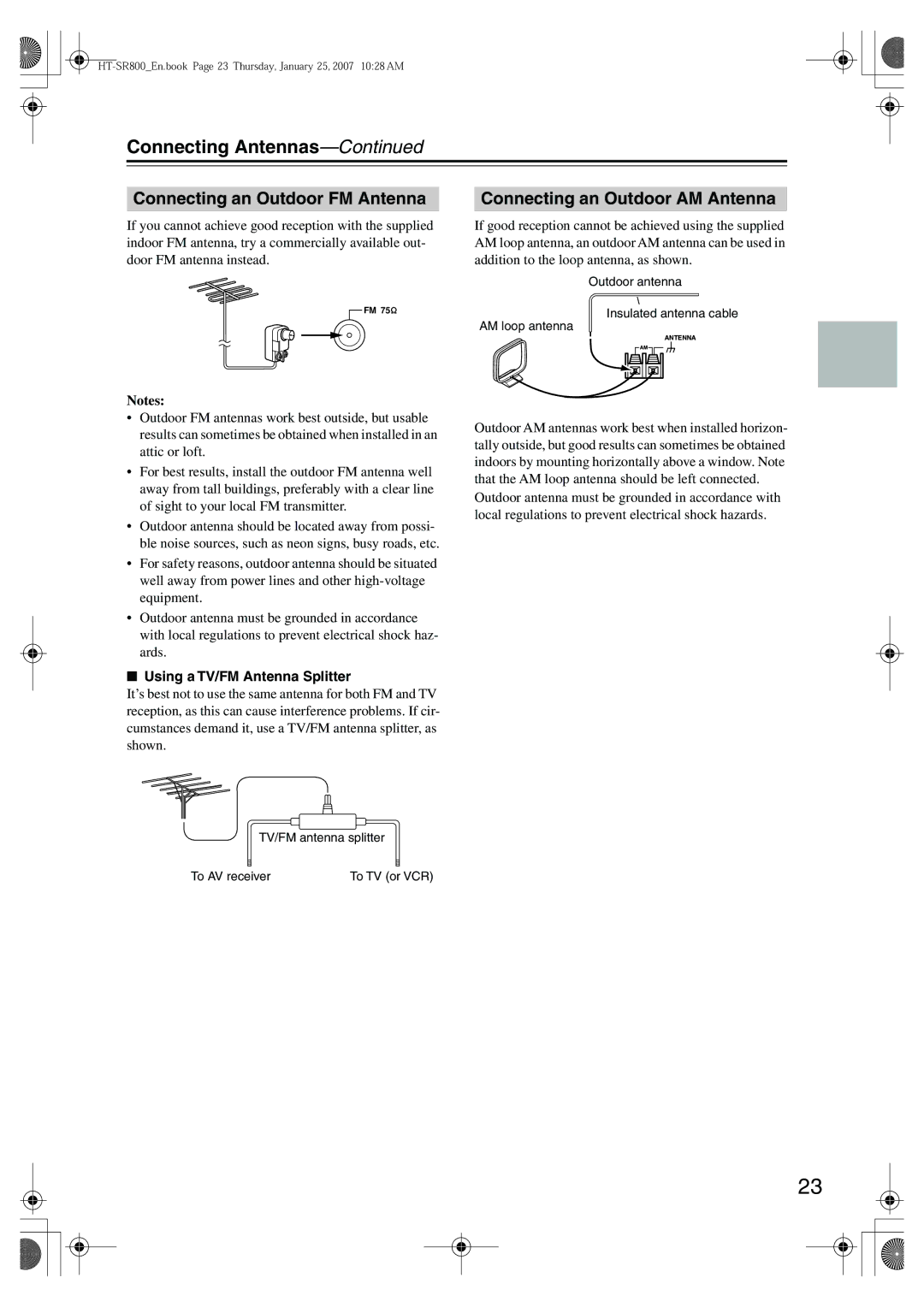 Onkyo HT-SR800 instruction manual Connecting Antennas, Using a TV/FM Antenna Splitter 