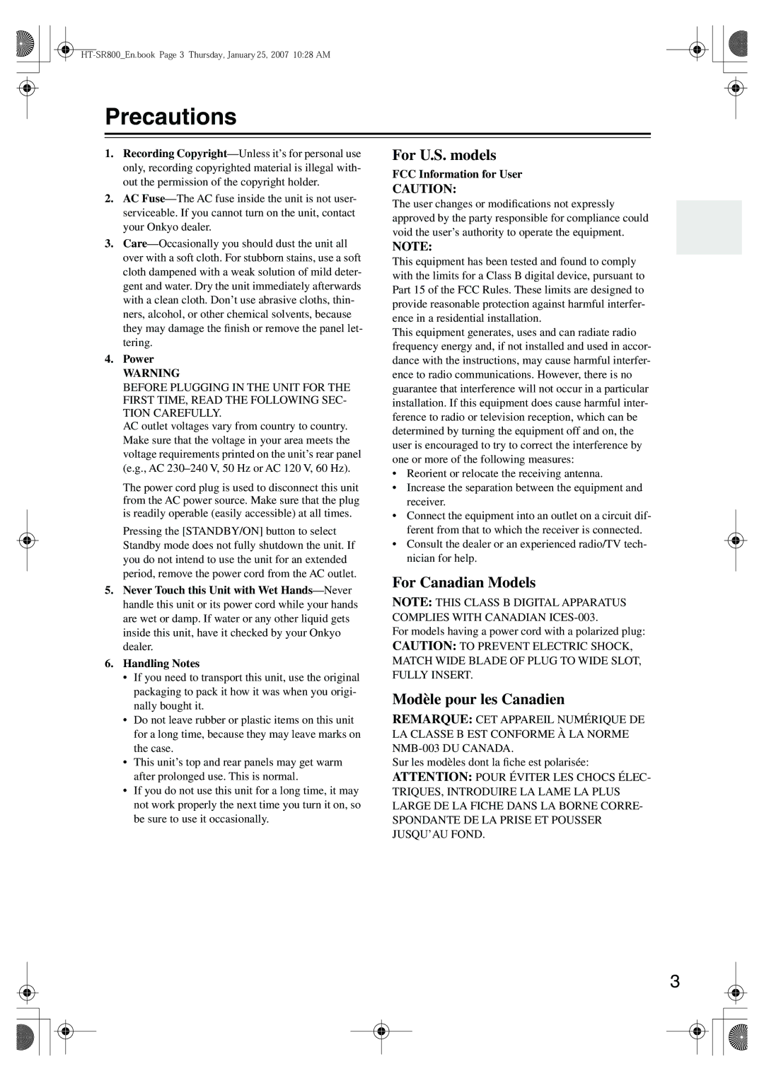 Onkyo HT-SR800 instruction manual Precautions, FCC Information for User, Power 