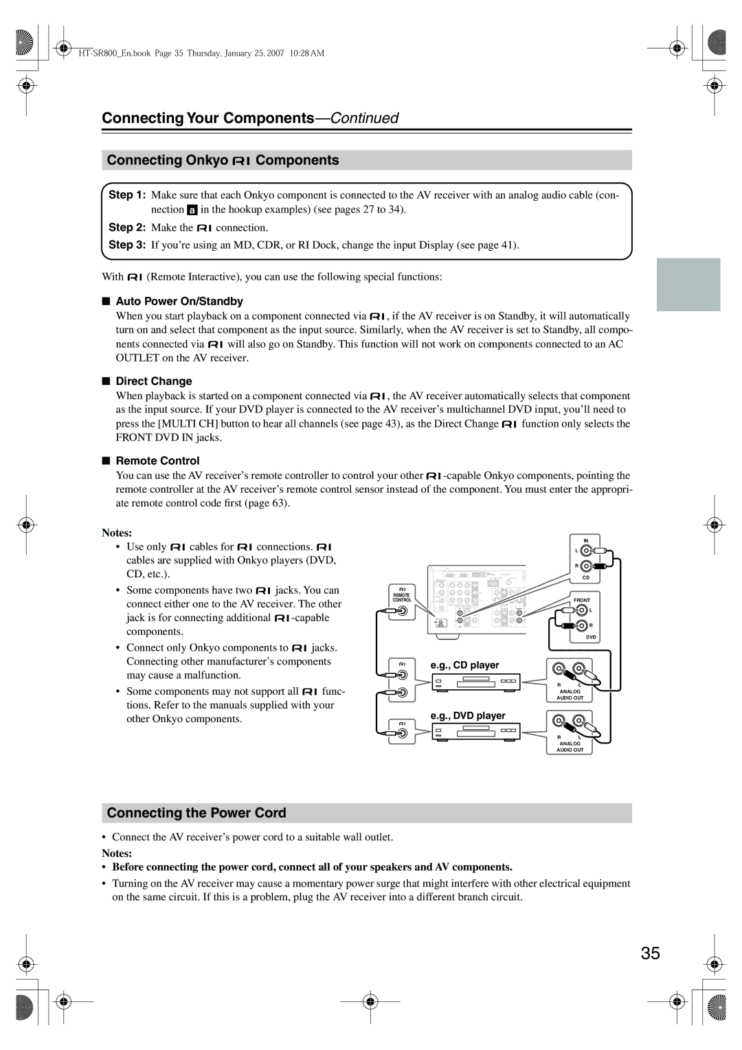 Onkyo HT-SR800 Connecting Onkyo Components, Connecting the Power Cord, Auto Power On/Standby, Direct Change 