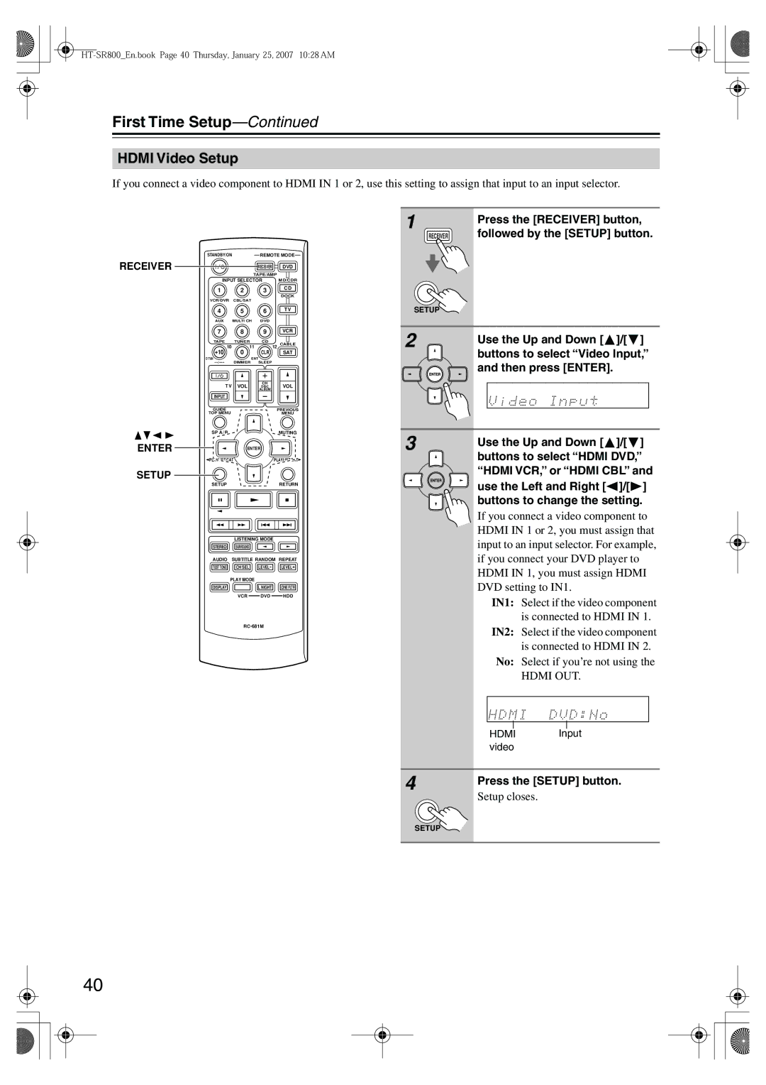 Onkyo HT-SR800 instruction manual Hdmi Video Setup 