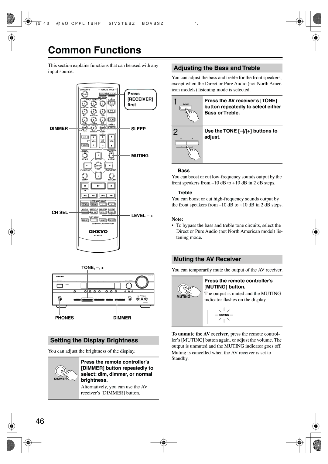 Onkyo HT-SR800 Common Functions, Adjusting the Bass and Treble, Muting the AV Receiver, Setting the Display Brightness 