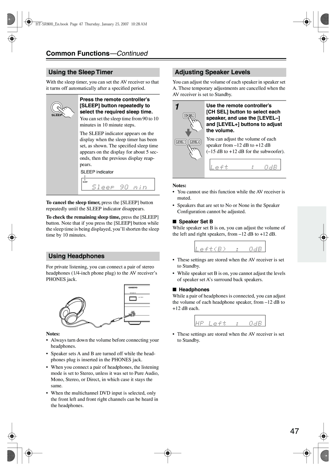 Onkyo HT-SR800 instruction manual Common Functions, Using the Sleep Timer, Adjusting Speaker Levels, Using Headphones 