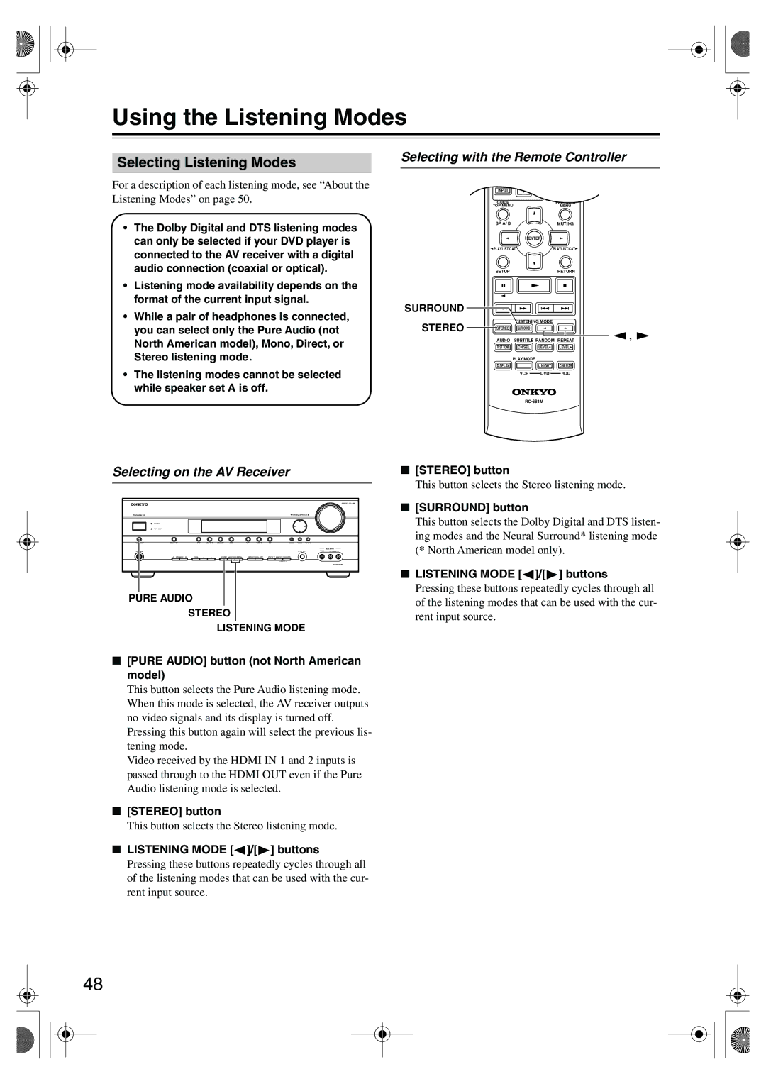 Onkyo HT-SR800 Using the Listening Modes, Selecting Listening Modes, Selecting with the Remote Controller 