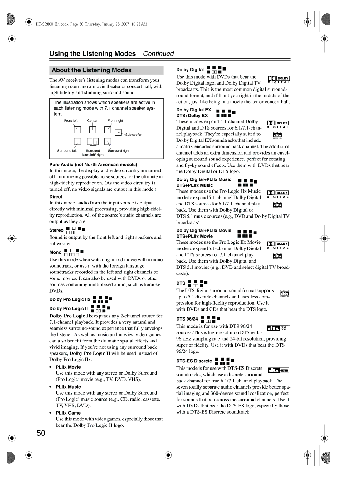 Onkyo HT-SR800 instruction manual About the Listening Modes, Dts 