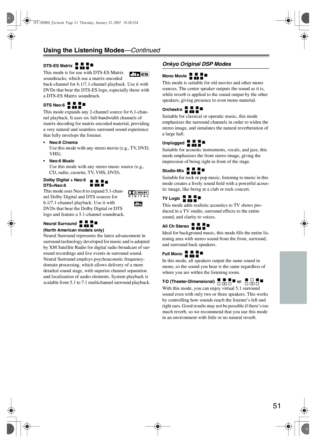 Onkyo HT-SR800 instruction manual Onkyo Original DSP Modes 