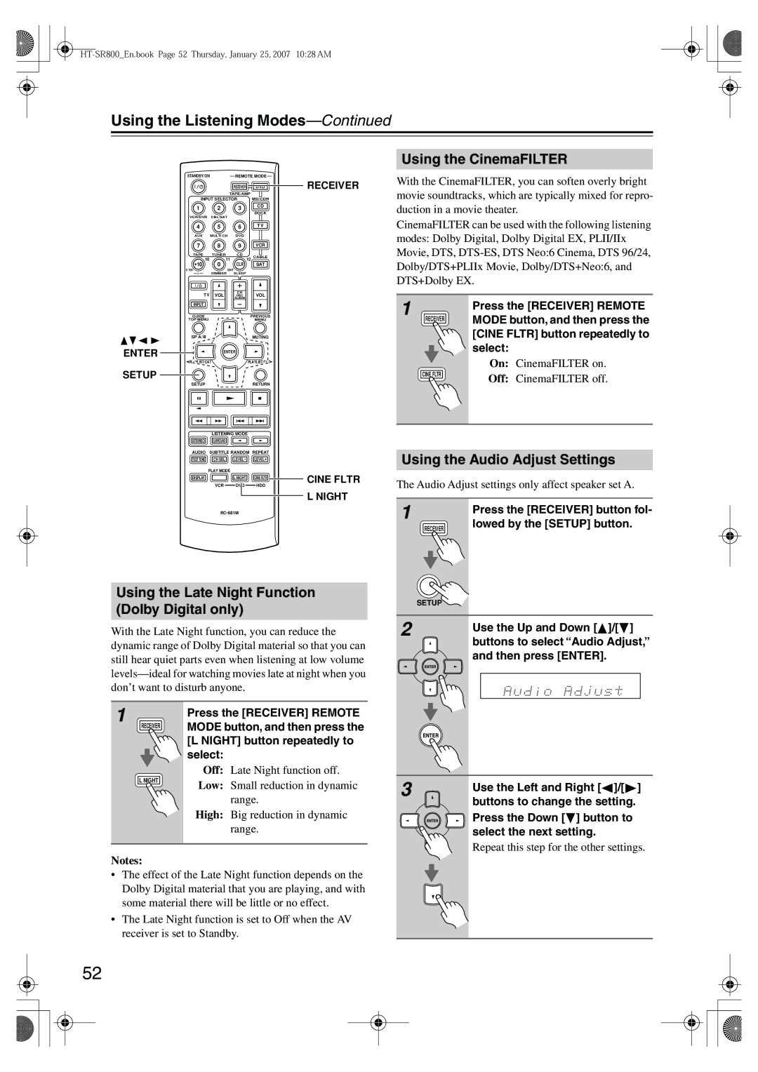 Onkyo HT-SR800 Using the CinemaFILTER, Using the Audio Adjust Settings, Using the Late Night Function Dolby Digital only 