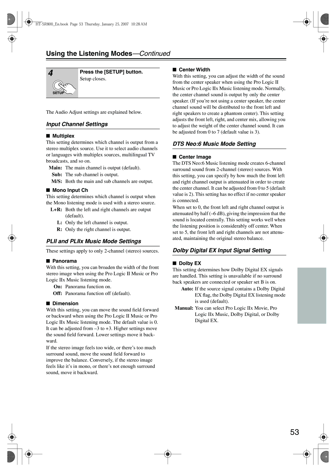 Onkyo HT-SR800 instruction manual Input Channel Settings, Plii and PLIIx Music Mode Settings, DTS Neo6 Music Mode Setting 