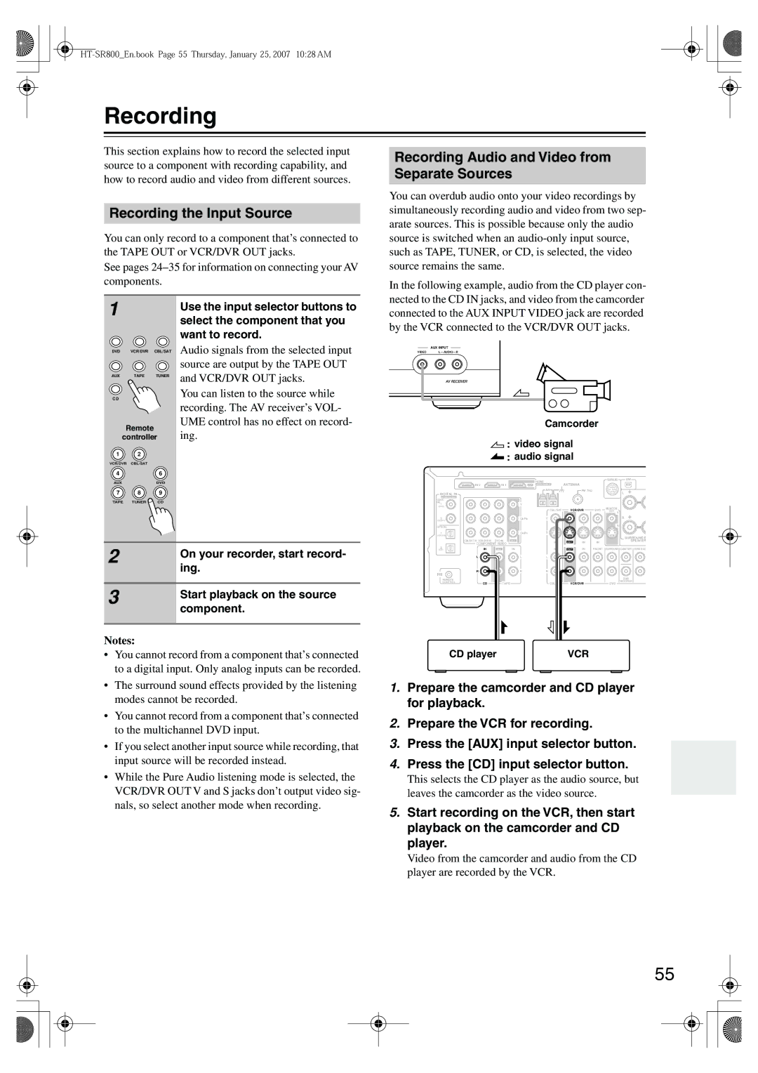 Onkyo HT-SR800 instruction manual Recording the Input Source, Recording Audio and Video from Separate Sources 