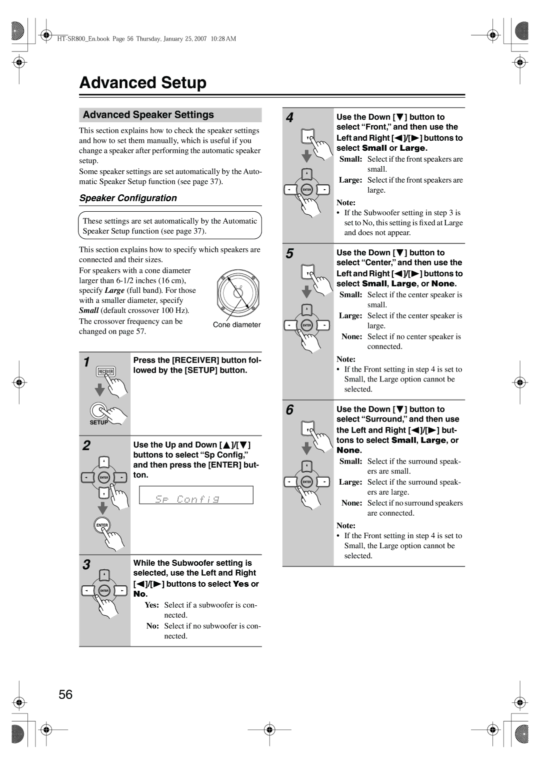 Onkyo HT-SR800 instruction manual Advanced Setup, Advanced Speaker Settings, Speaker Conﬁguration 