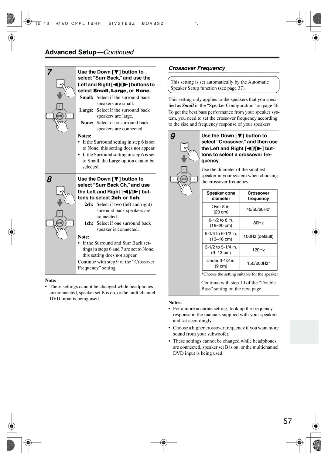 Onkyo HT-SR800 instruction manual Advanced Setup, Crossover Frequency 