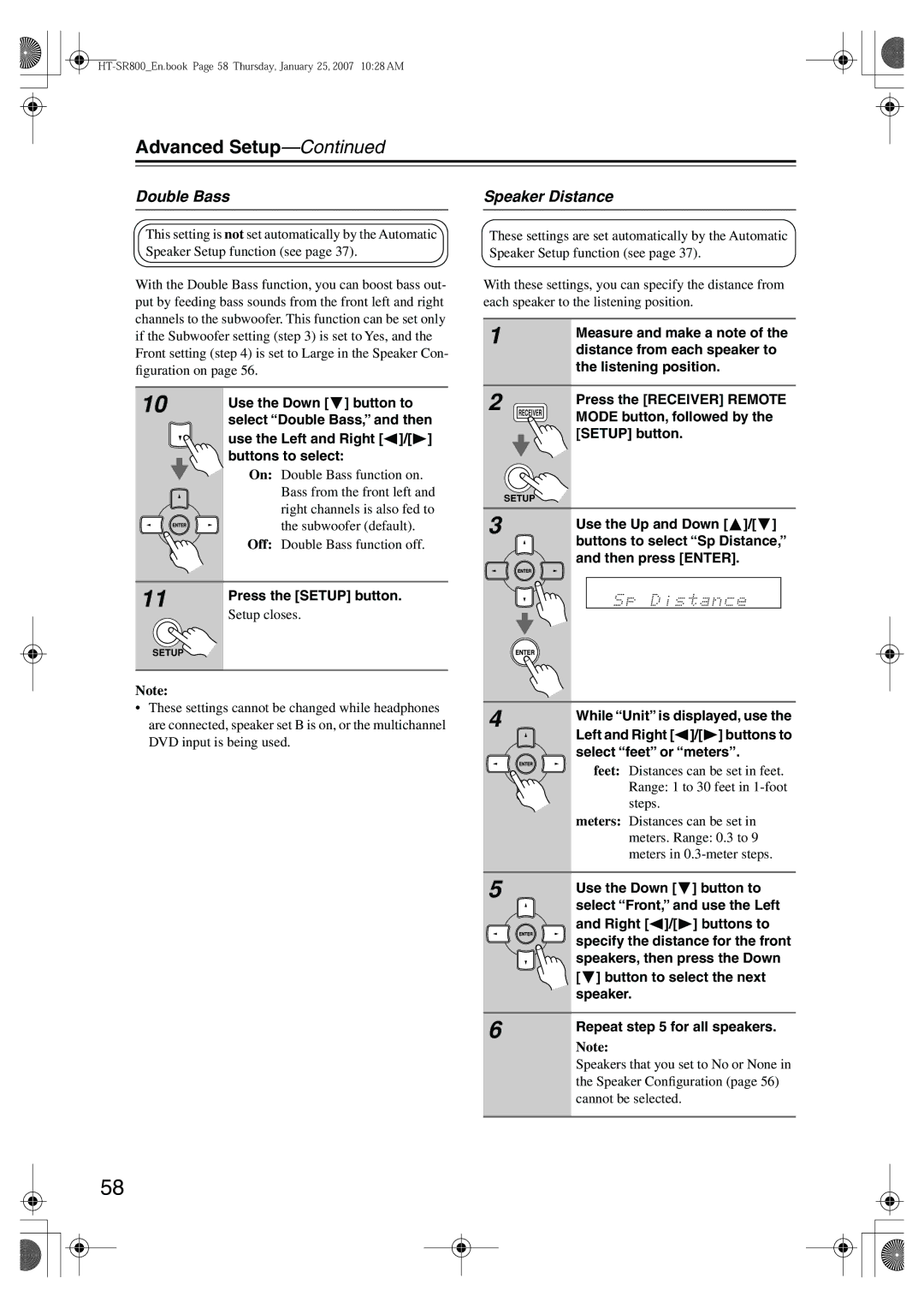 Onkyo HT-SR800 instruction manual Double Bass, Speaker Distance 