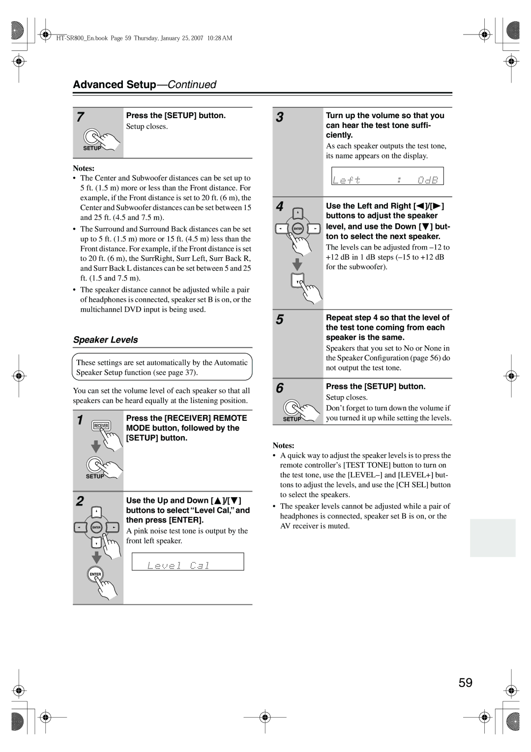 Onkyo HT-SR800 instruction manual Speaker Levels 