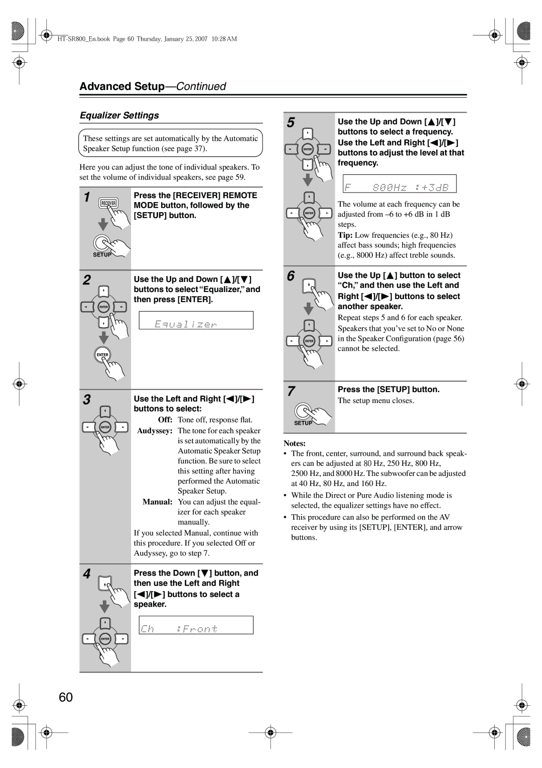 Onkyo HT-SR800 instruction manual Equalizer Settings, Setup menu closes, Buttons to select Equalizer 