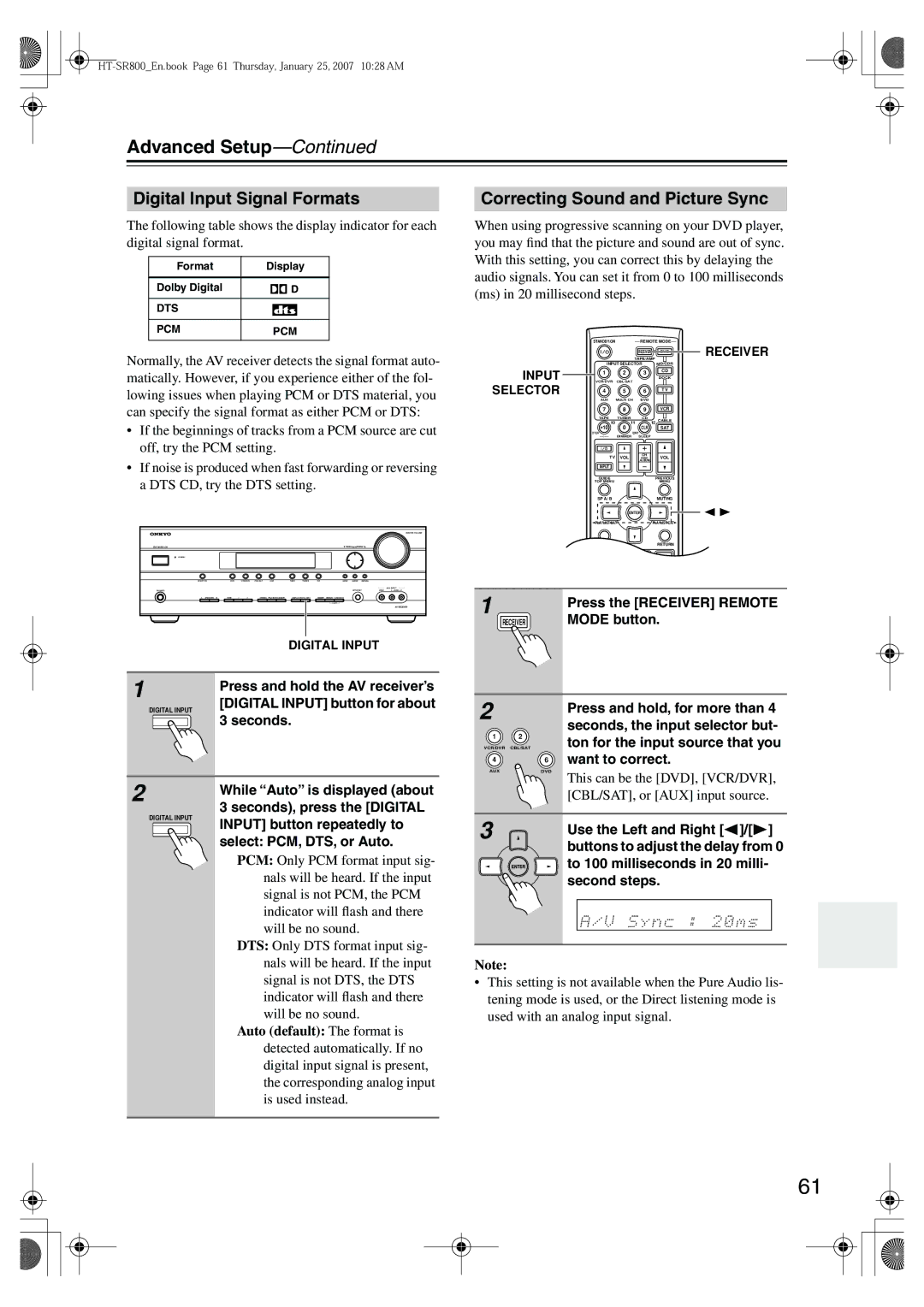 Onkyo HT-SR800 instruction manual Digital Input Signal Formats, Correcting Sound and Picture Sync 