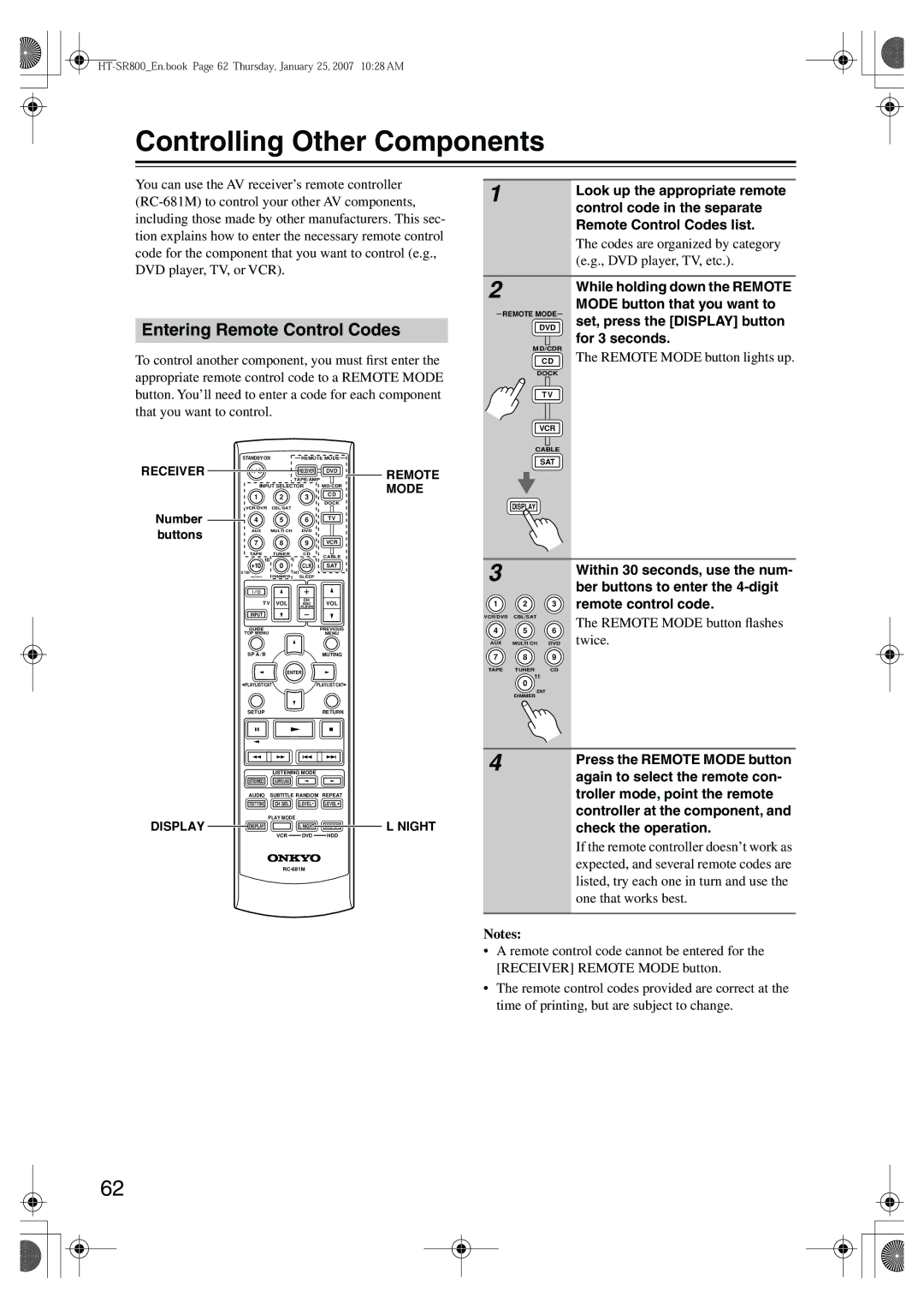 Onkyo HT-SR800 instruction manual Controlling Other Components, Entering Remote Control Codes 