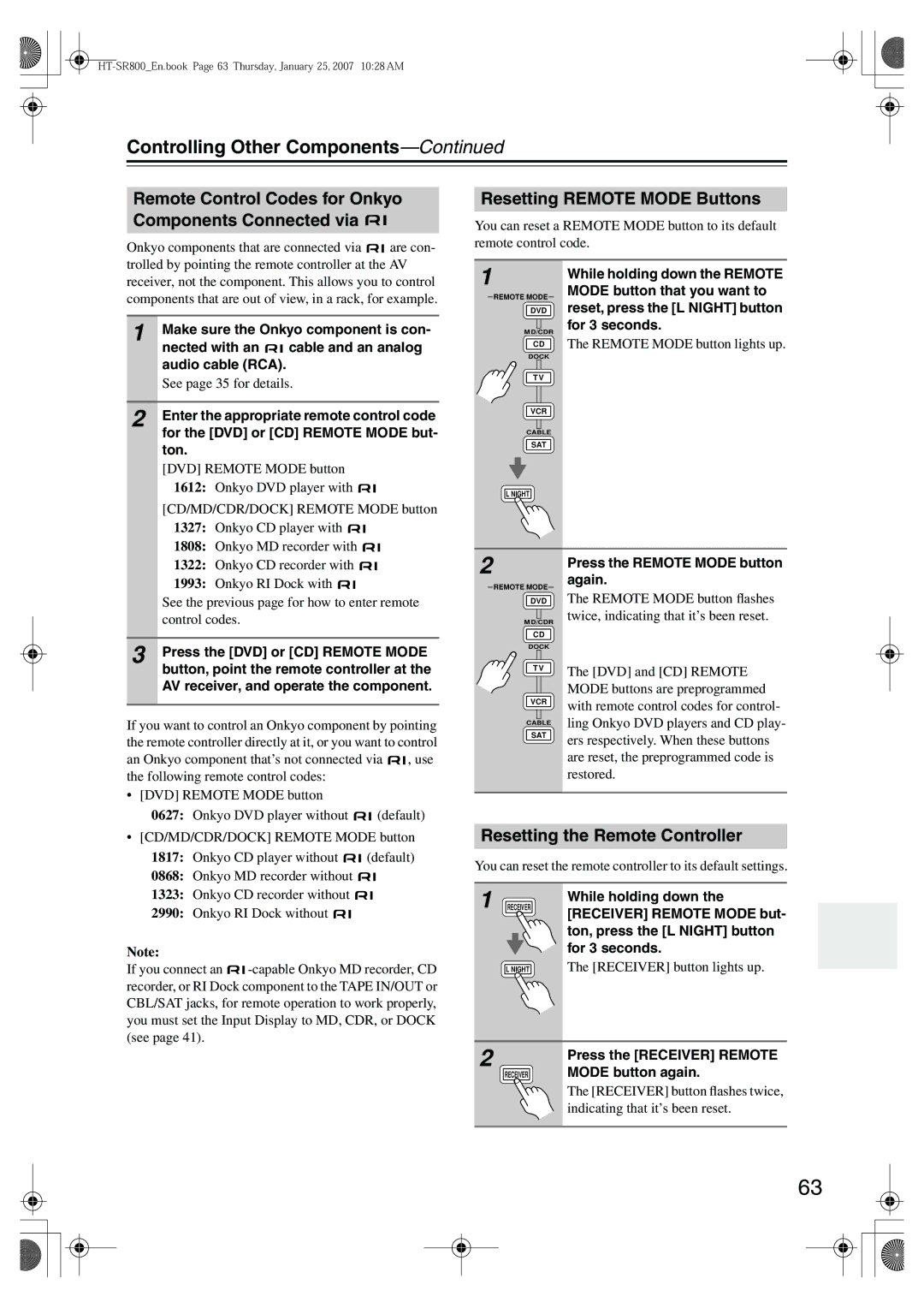 Onkyo HT-SR800 instruction manual Controlling Other Components, Remote Control Codes for Onkyo Components Connected via 