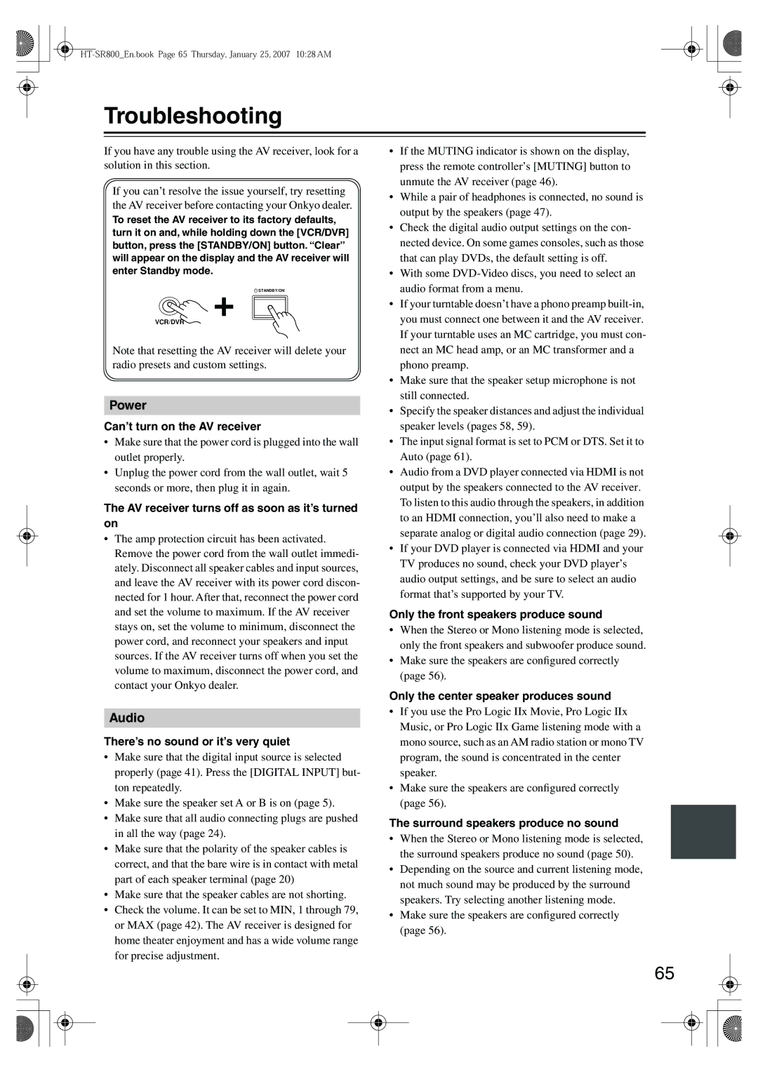 Onkyo HT-SR800 instruction manual Troubleshooting 