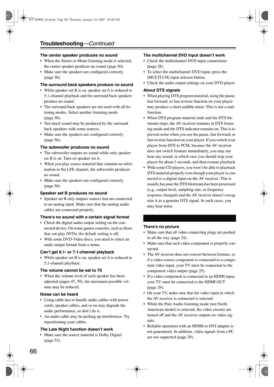 Onkyo HT-SR800 instruction manual Troubleshooting 