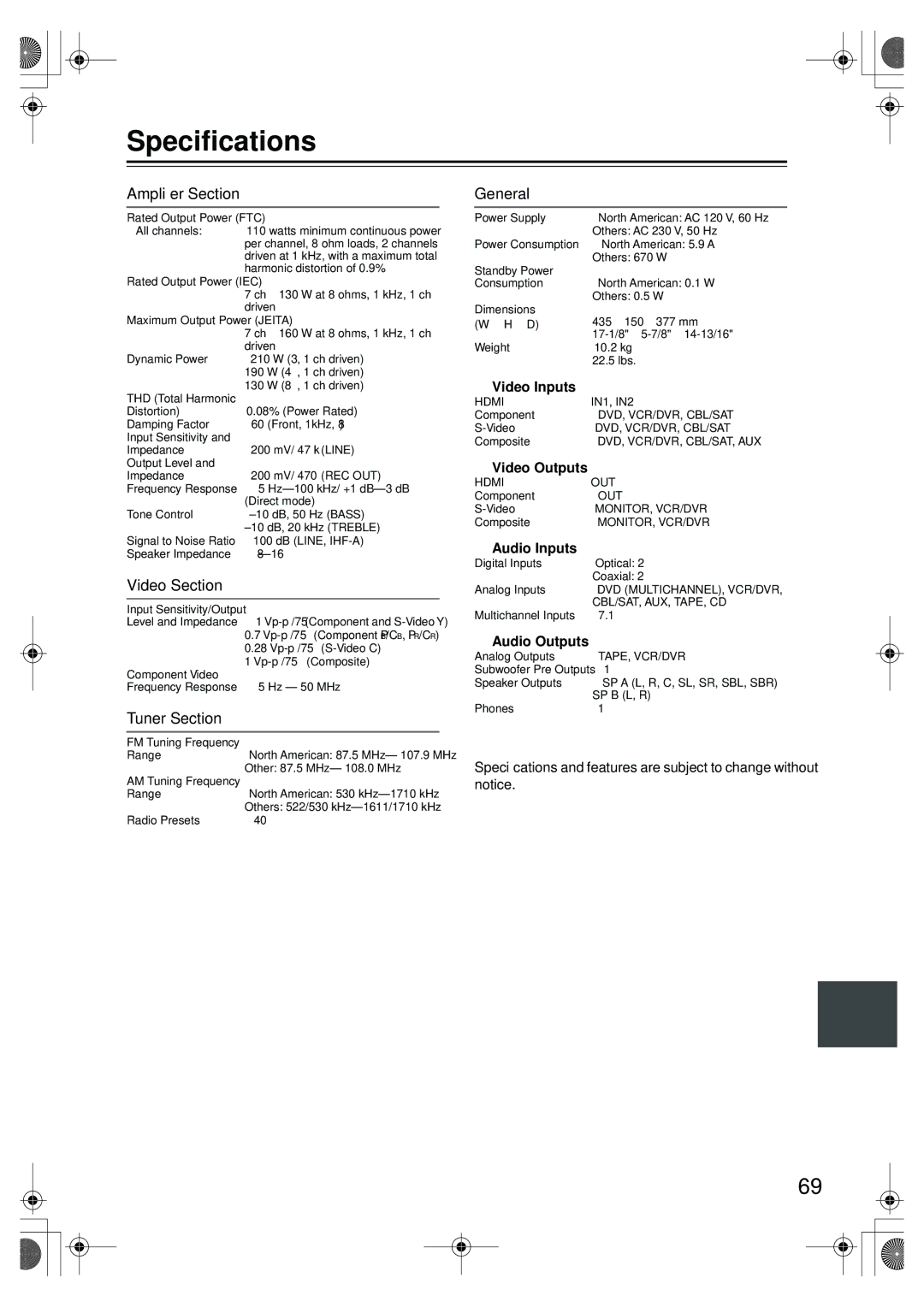 Onkyo HT-SR800 instruction manual Speciﬁcations, Ampliﬁer Section, Video Section, Tuner Section, General 