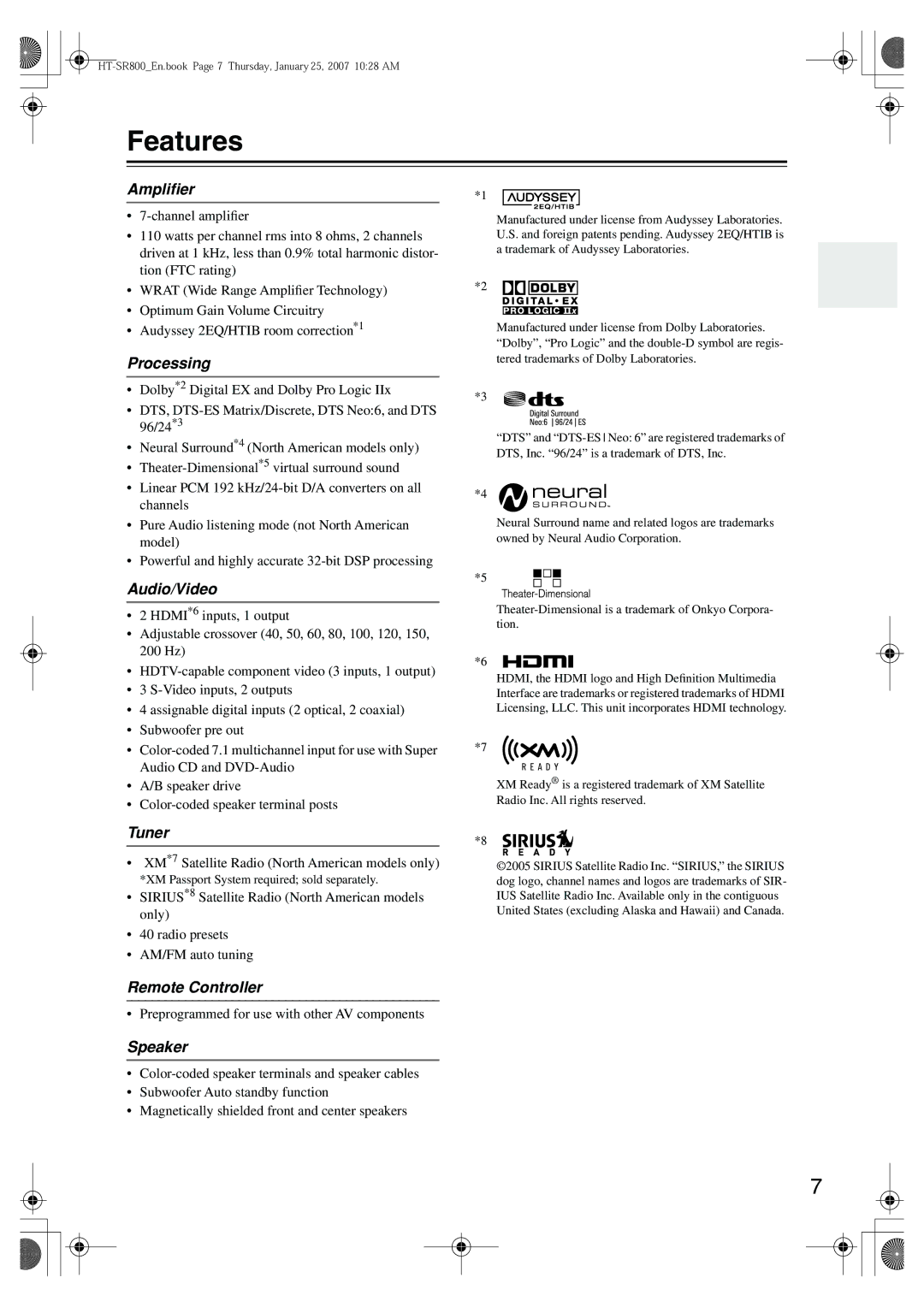 Onkyo HT-SR800 instruction manual Features 