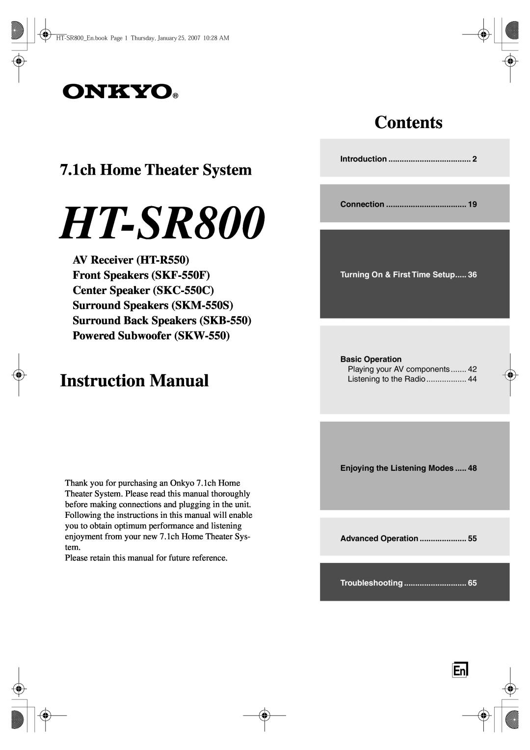 Onkyo HT-SR800 instruction manual Contents, 7.1ch Home Theater System, AV Receiver HT-R550 Front Speakers SKF-550F 