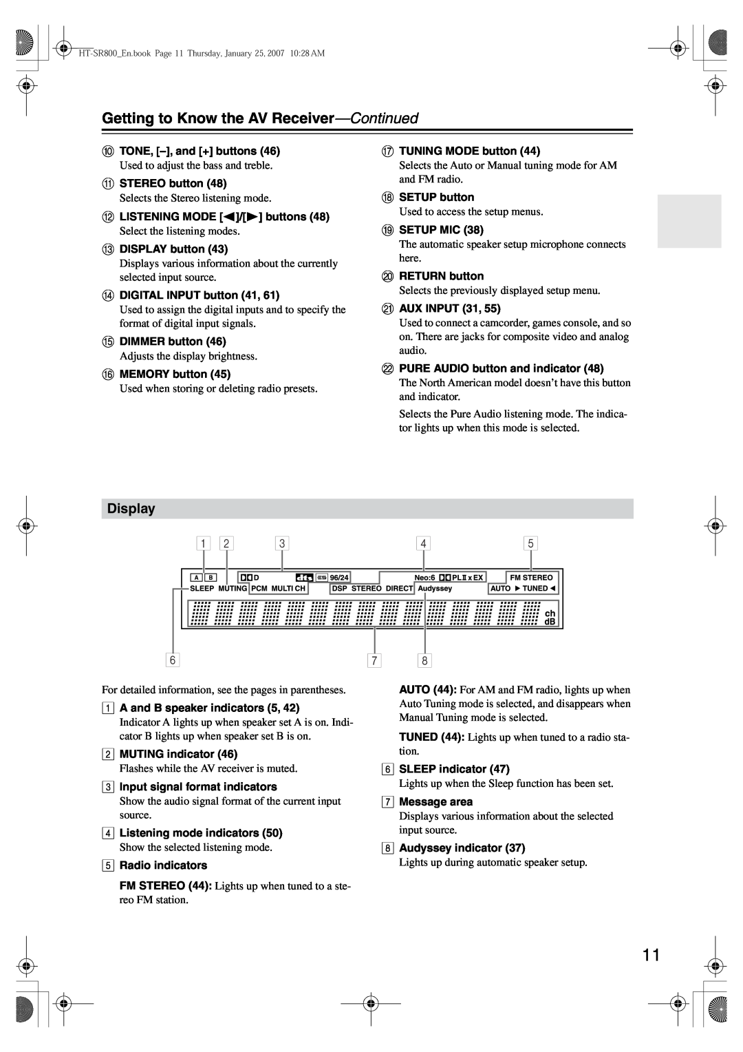 Onkyo HT-SR800 instruction manual Getting to Know the AV Receiver-Continued, Display 