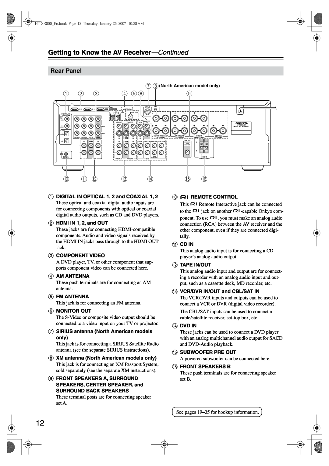 Onkyo HT-SR800 instruction manual J K L M N O P, Rear Panel, Getting to Know the AV Receiver-Continued 
