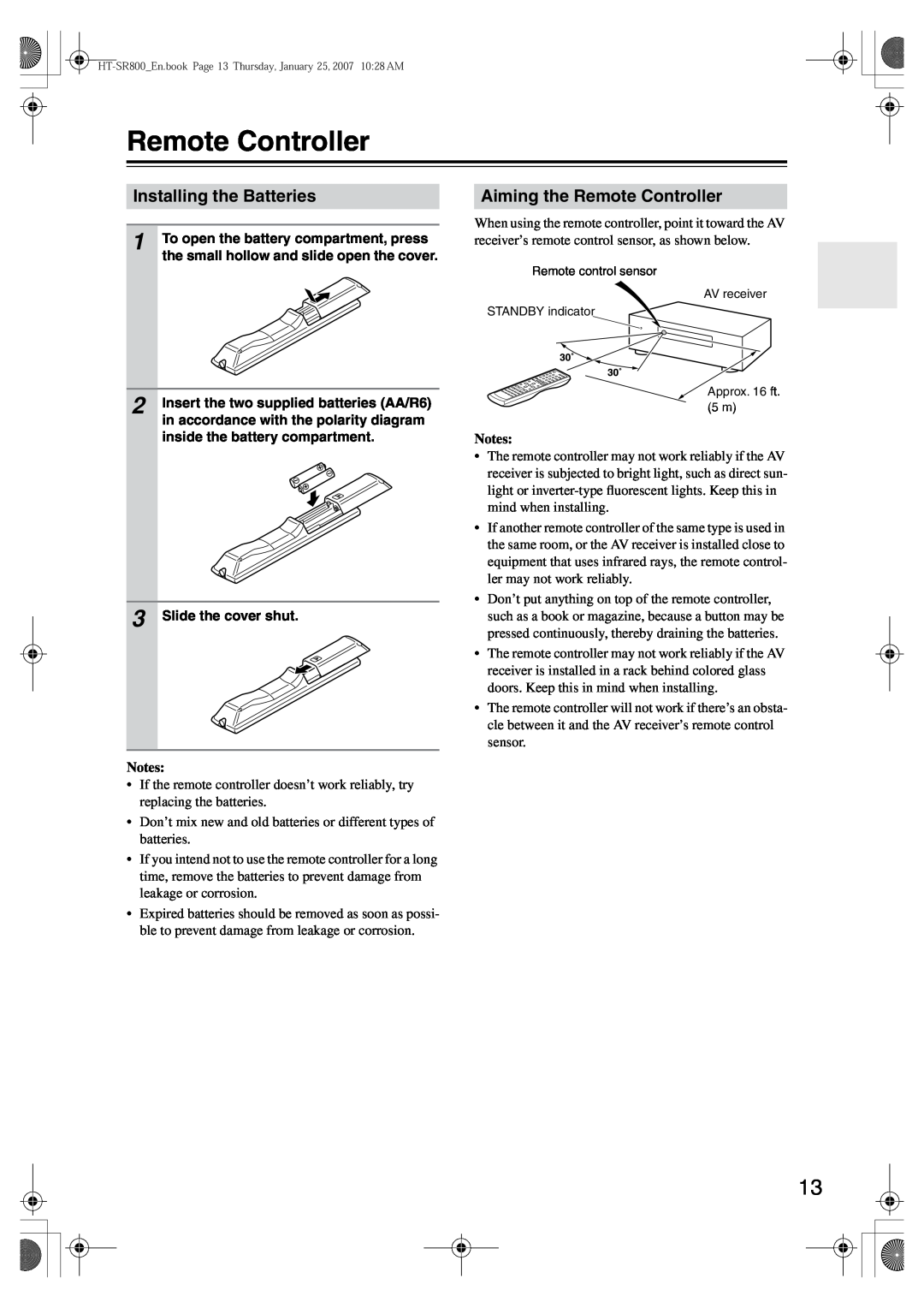 Onkyo HT-SR800 instruction manual Installing the Batteries, Aiming the Remote Controller 