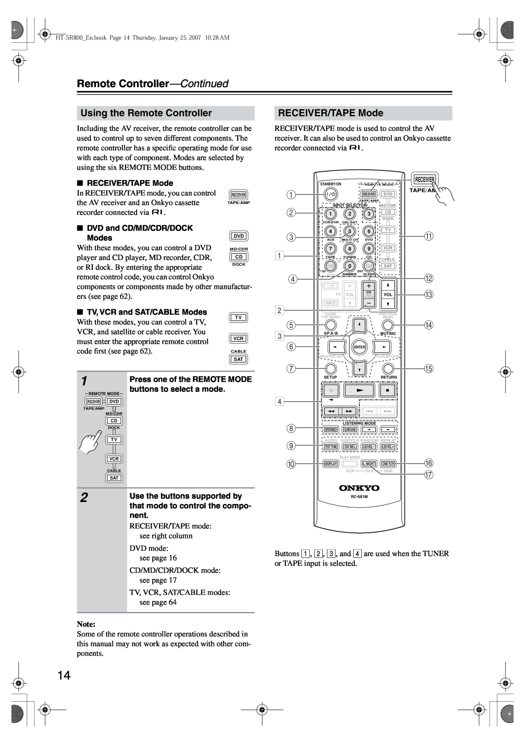 Onkyo HT-SR800 instruction manual Remote Controller-Continued, Using the Remote Controller, RECEIVER/TAPE Mode 