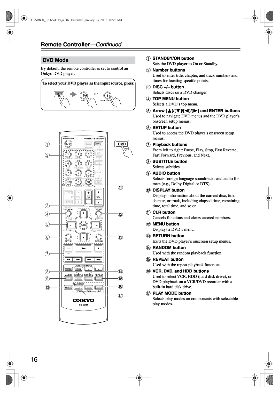 Onkyo HT-SR800 instruction manual DVD Mode, 1 2 3 4 5 6 7 8 9 J, Remote Controller-Continued 