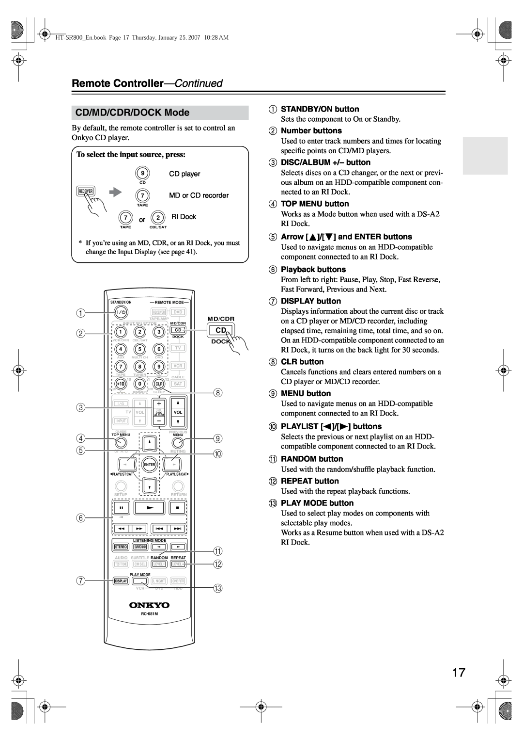 Onkyo HT-SR800 CD/MD/CDR/DOCK Mode, 1 2 3 4 5, Remote Controller-Continued, To select the input source, press 