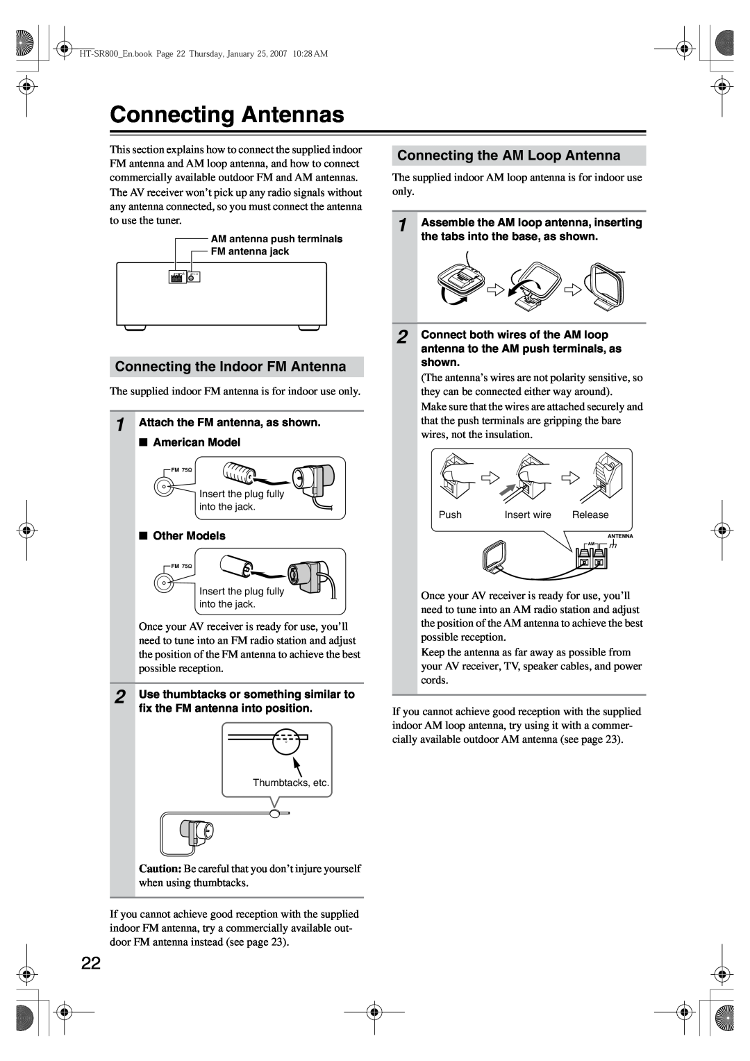 Onkyo HT-SR800 instruction manual Connecting Antennas, Connecting the AM Loop Antenna, Connecting the Indoor FM Antenna 