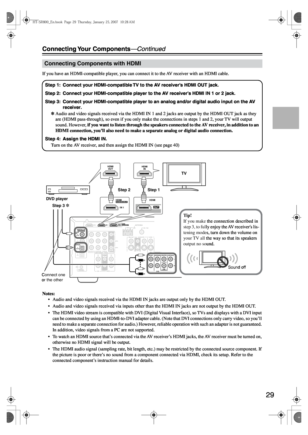 Onkyo HT-SR800 instruction manual Connecting Components with HDMI, Connecting Your Components-Continued, output no sound 