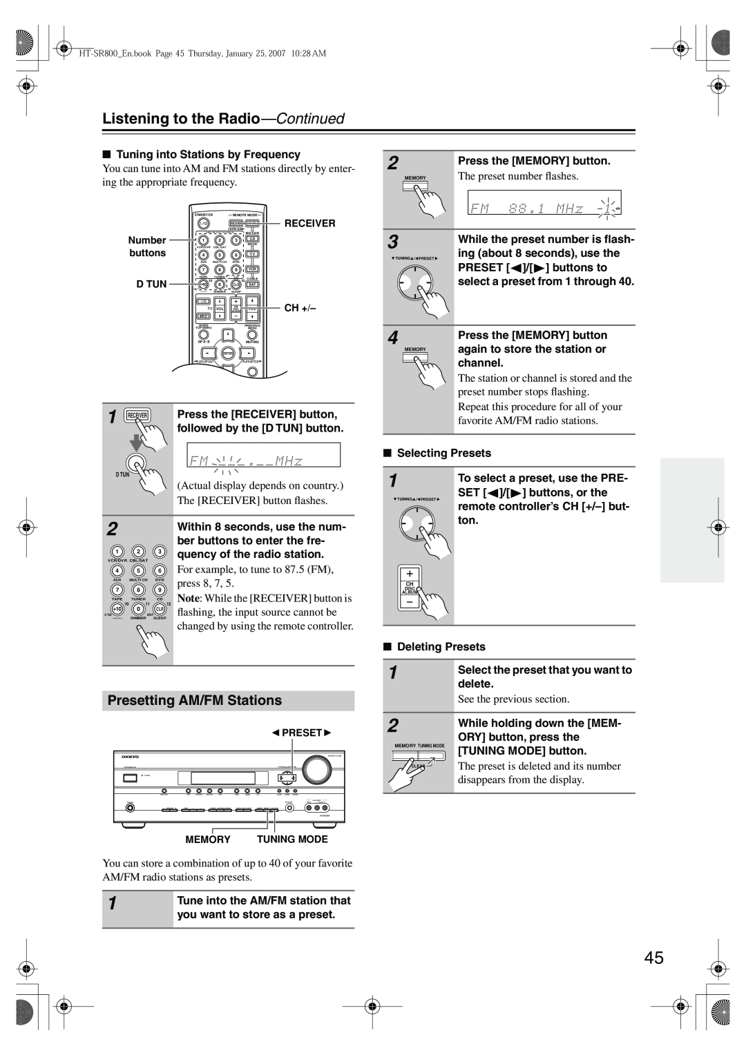 Onkyo HT-SR800 instruction manual Listening to the Radio-Continued, Presetting AM/FM Stations, The preset number ﬂashes 