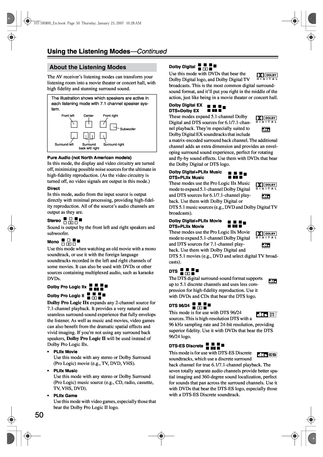 Onkyo HT-SR800 instruction manual About the Listening Modes, Using the Listening Modes-Continued 