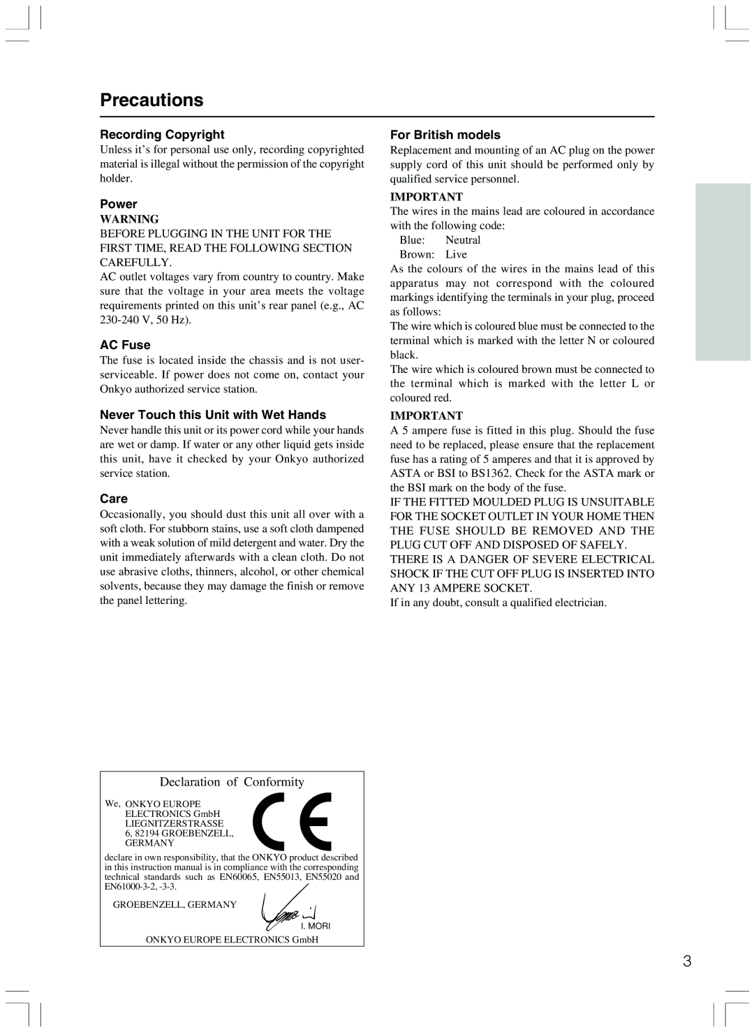 Onkyo HTP-103E instruction manual Precautions 