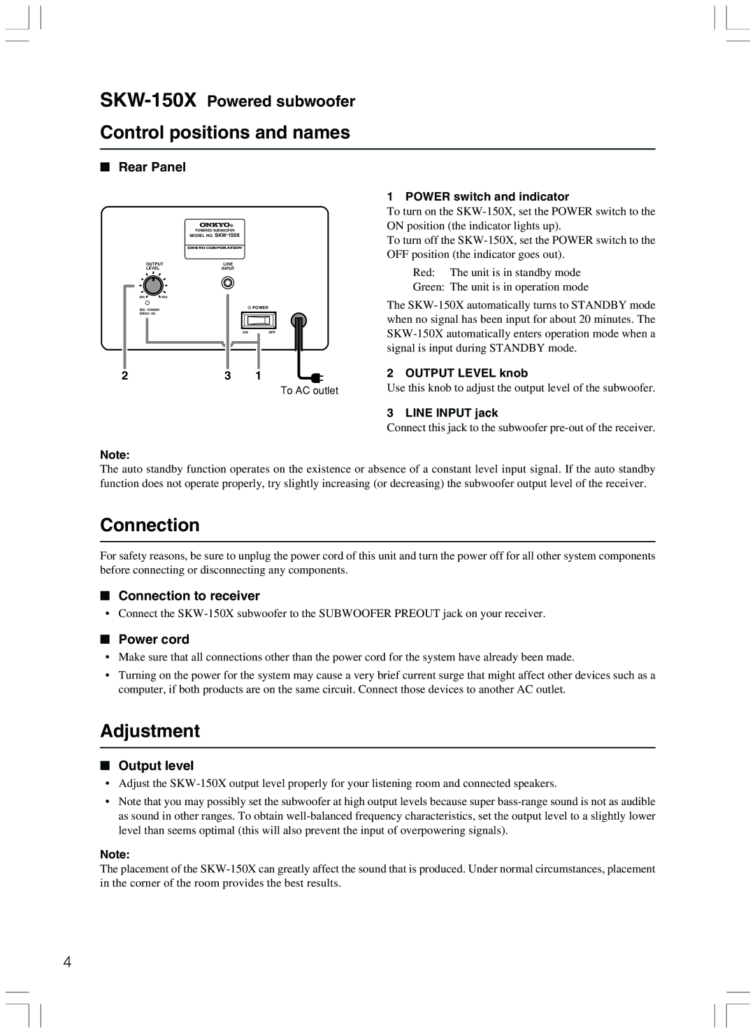 Onkyo HTP-103E instruction manual Control positions and names, Connection, Adjustment 