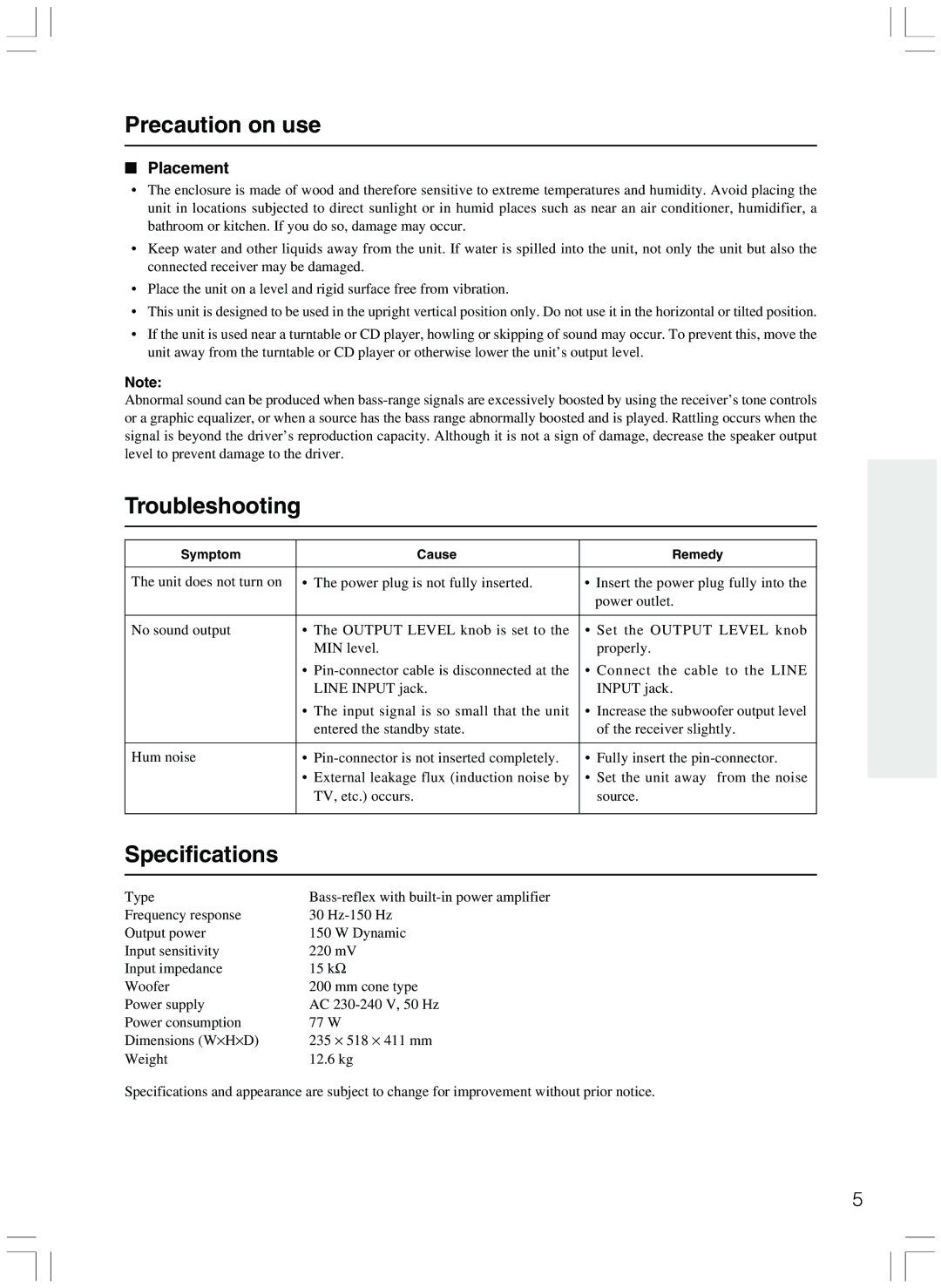 Onkyo HTP-103E instruction manual Precaution on use, Troubleshooting, Specifications, Placement 