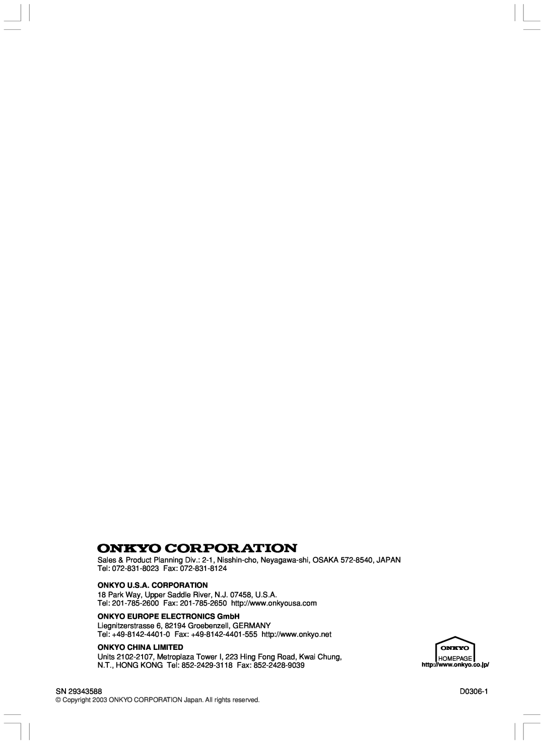 Onkyo HTP-103E instruction manual Onkyo U.S.A. Corporation, ONKYO EUROPE ELECTRONICS GmbH, Onkyo China Limited 