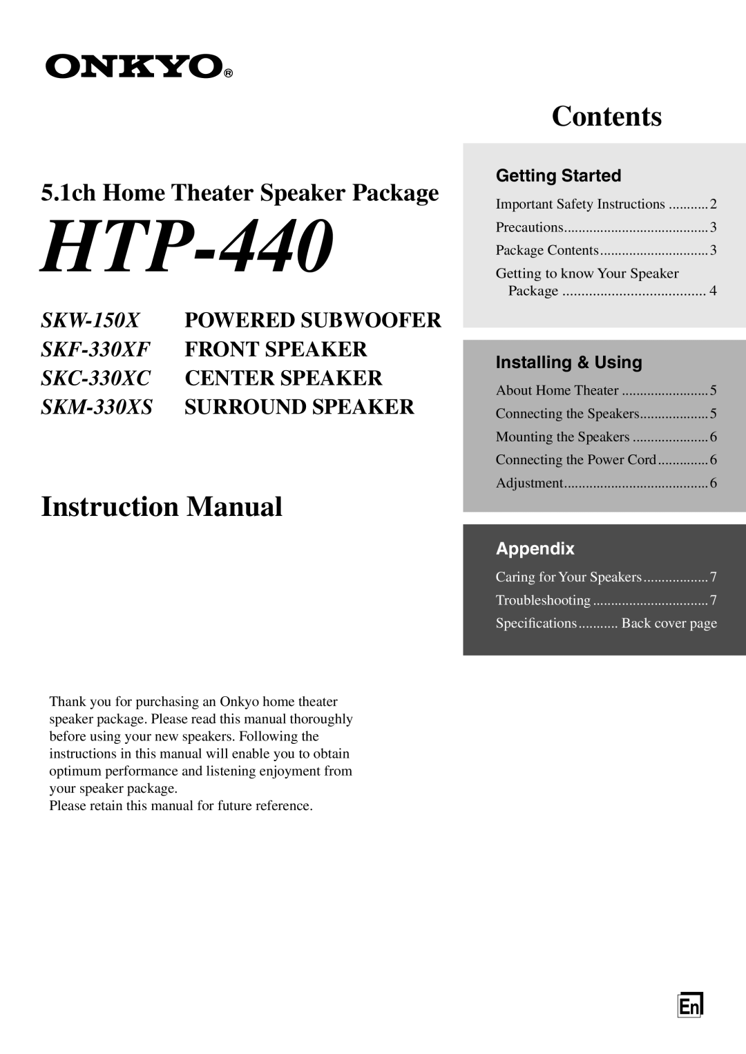 Onkyo SKM-330XS, SKF-330XF, SKC-330XC instruction manual HTP-440 