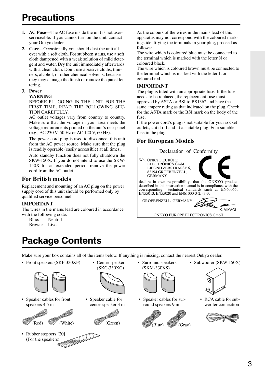 Onkyo SKC-330XC, HTP-440, SKM-330XS, SKF-330XF instruction manual Precautions, Package Contents 