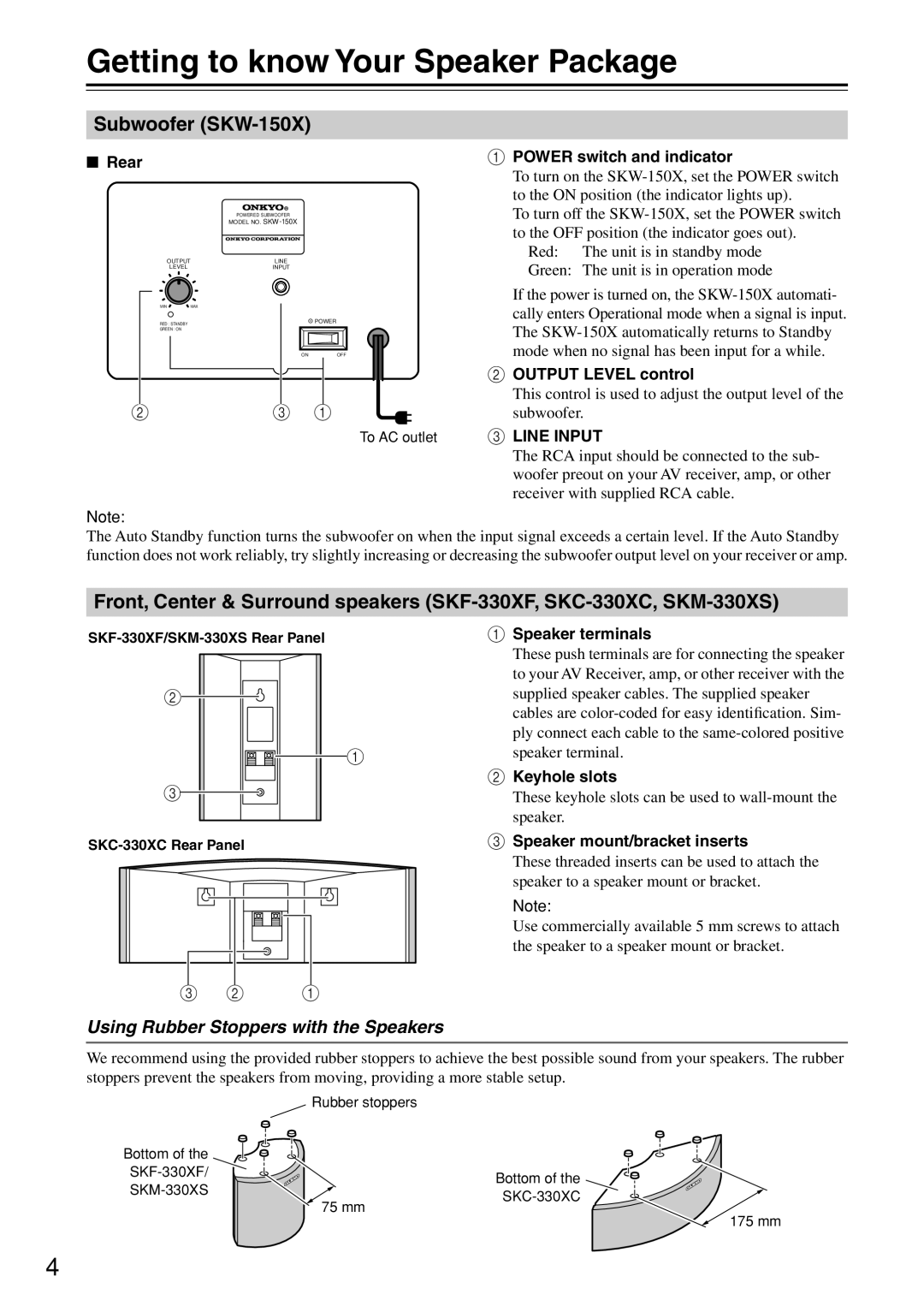 Onkyo HTP-440, SKM-330XS Getting to know Your Speaker Package, Subwoofer SKW-150X, Using Rubber Stoppers with the Speakers 