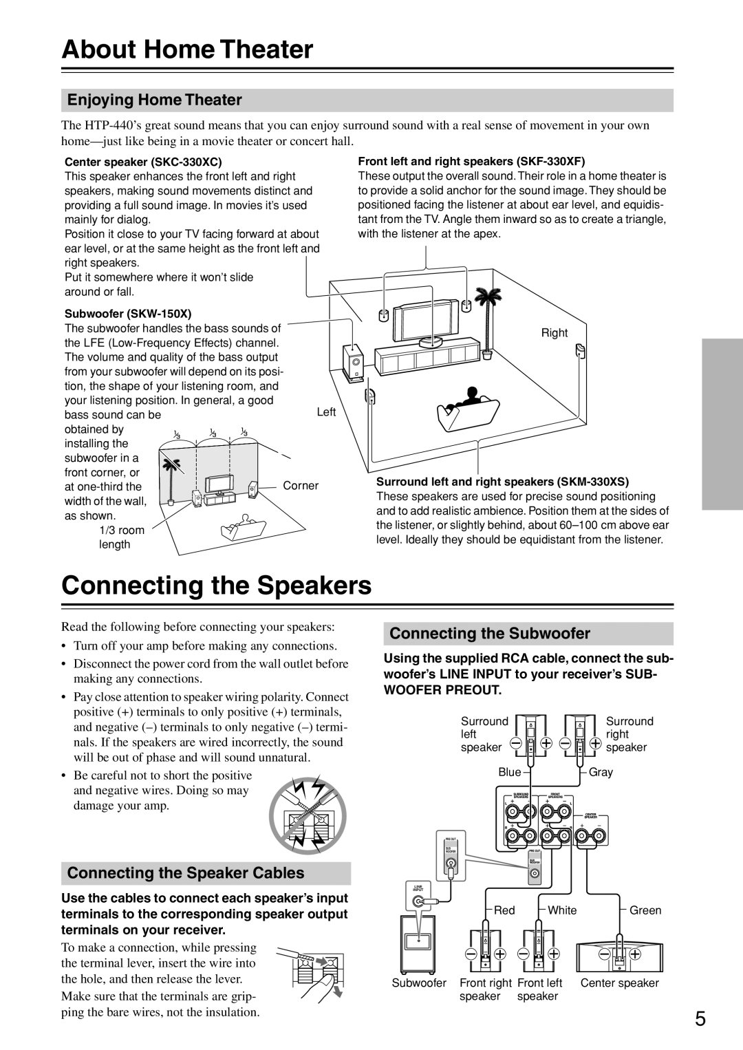 Onkyo SKM-330XS, HTP-440 About Home Theater, Connecting the Speakers, Enjoying Home Theater, Connecting the Speaker Cables 