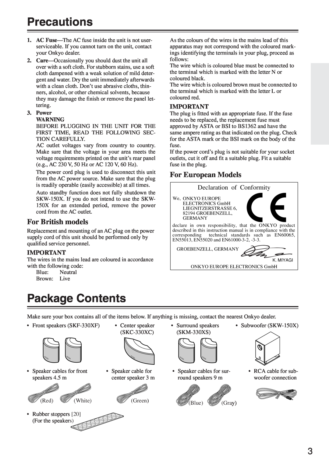 Onkyo SKC-330XC Precautions, Package Contents, For British models, For European Models, Declaration of Conformity, Power 