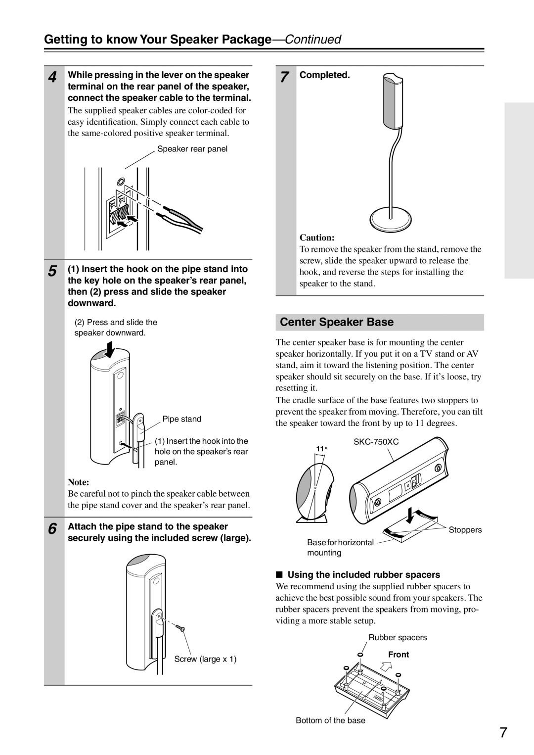 Onkyo HTP-750 Getting to know Your Speaker Package, Center Speaker Base, Completed, Using the included rubber spacers 